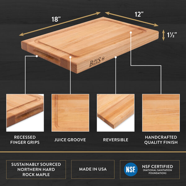 Maple BBQ Cutting Board with Juice Groove 18"x12"x1-1/2" (BBQBD) - Dimensions