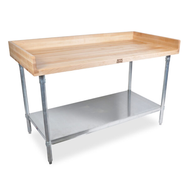 1-3/4" Thick - "DNS" Wood Top Bakers Tables with Riser and Adjustable Stainless Steel Shelf