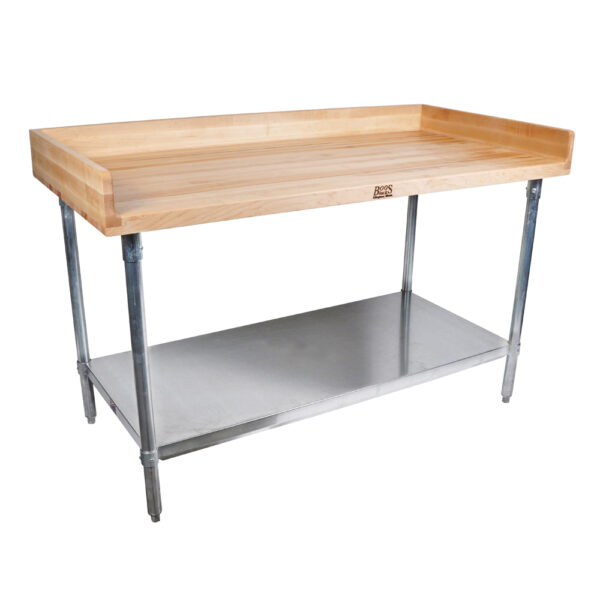 1-3/4" Thick - "DSS" Wood Top Bakers Tables with Riser and Adjustable Stainless Steel Shelf