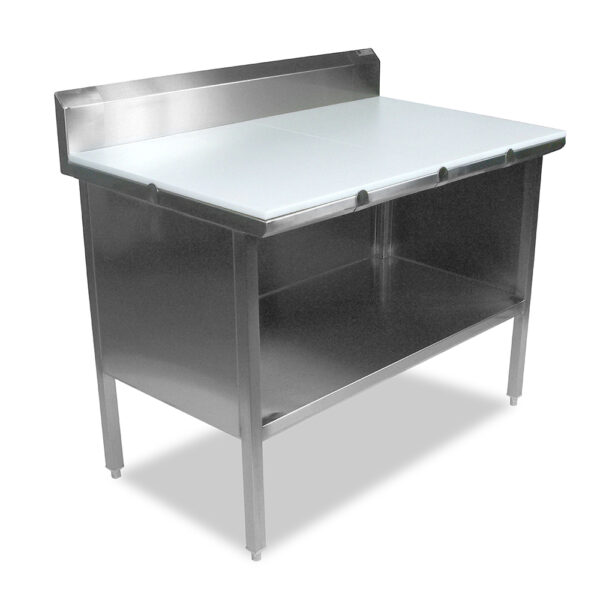 Poly Top, Stainless Steel Enclosed Base Work Table With 5” Rear Riser, 30” Wide, Open Front (EBOP3R5)