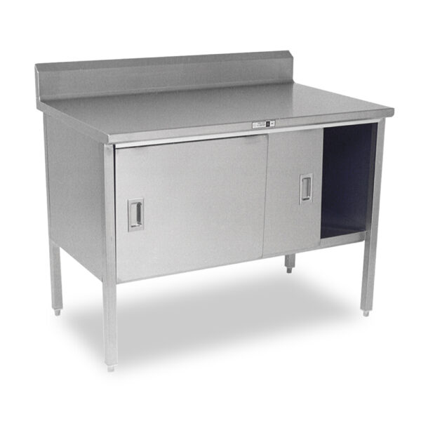 14GA Stainless Steel Enclosed Base Work Table With 5” Rear Riser, 24” Wide, Open Front (EBOS4R5)