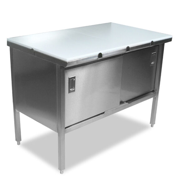 Poly Top, Stainless Steel Enclosed Base Flat Top Work Table, 30” Wide, Sliding Doors (EBSP3)
