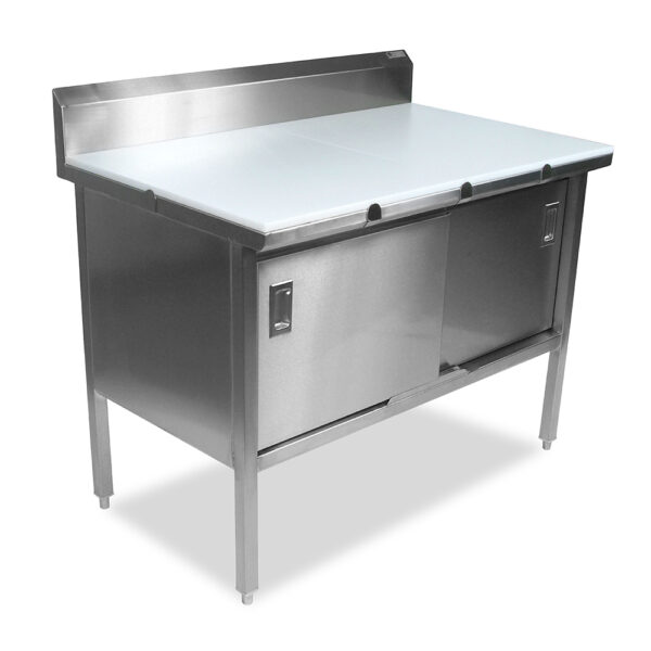 Poly Top, Stainless Steel Enclosed Base Work Table With 5” Rear Riser, 30” Wide, Sliding Doors (EBSP3R5)