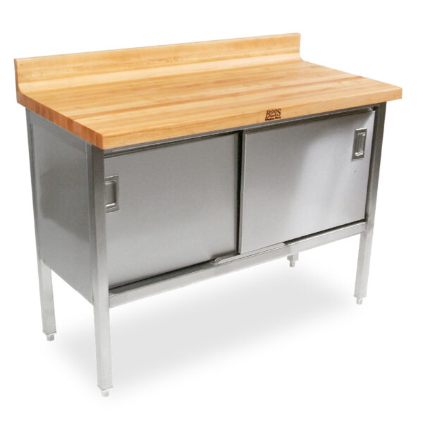 Wood Top, Stainless Steel Enclosed Base Work Table With 4” Rear Riser, 24” Wide, Sliding Doors (EBSW7R4)