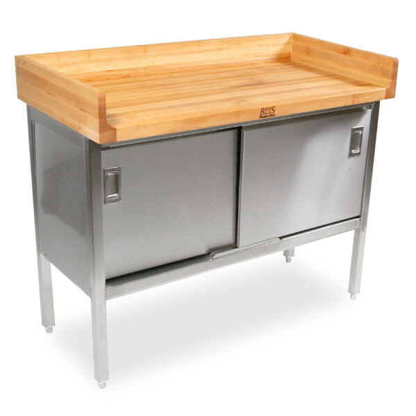 Wood Top, Stainless Steel Enclosed Base Work Table With 4” Rear & Side Risers, 24” Wide, Sliding Doors (EBSW7R43)