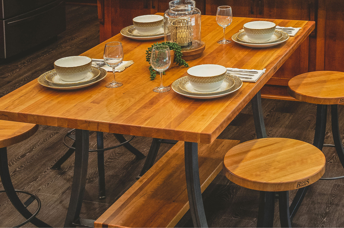 butcher block kitchen table top with 4 place settings