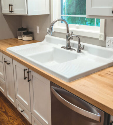 farmers sink with butcher block countertops