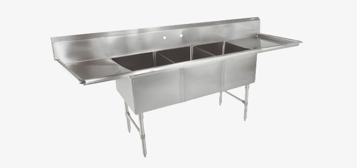 commercial stainless steel three basin sink
