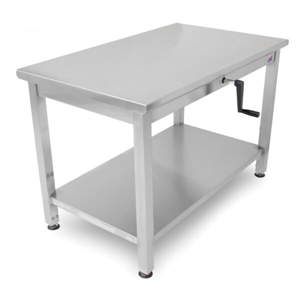 Ergonomic Hydraulic Lift Tables, Fixed Undershelf, Flat Top, 16GA Stainless Steel Top