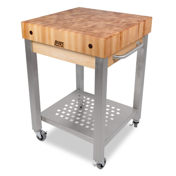 John Boos butcher block kitchen cart with stainless steel legs, storage shelf and towel bar