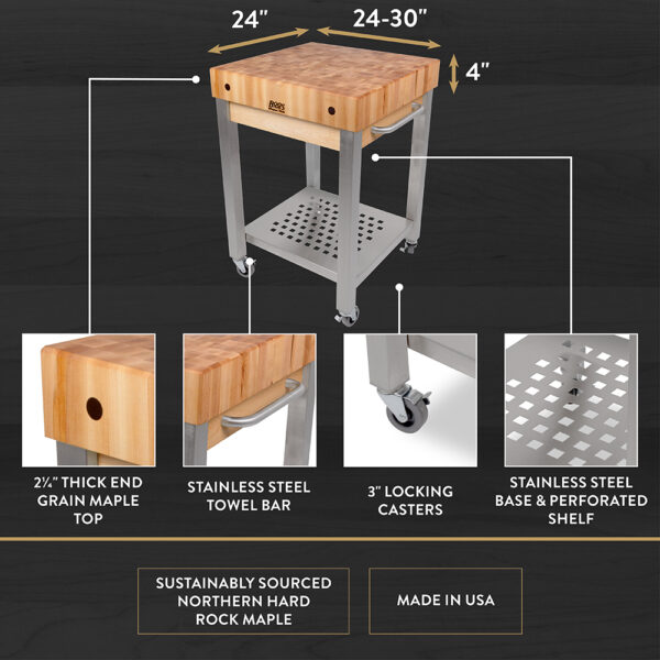 John Boos butcher block kitchen cart with feature callouts