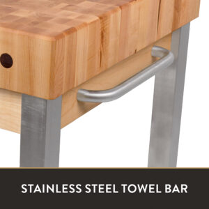 detail view of stainless steel towel bar attached to a butcher block kitchen cart
