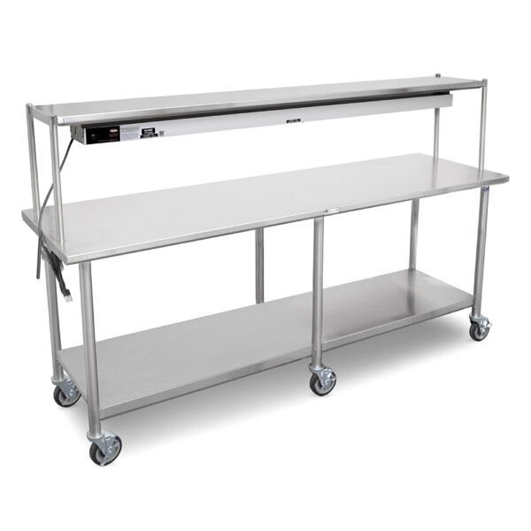 Expediting Work Table With Overshelf And Food Warmer, Fixed Stainless Steel Undershelf, Casters, 16GA Stainless Steel Top