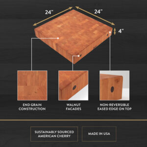 Cherry Square Chopping Block, Non-Reversible, End Grain, 4" Thick (CCB Series)